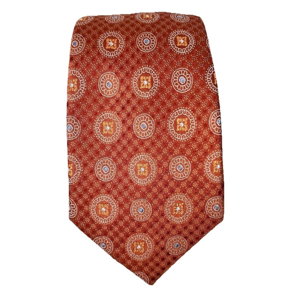 Broletto Men's Formal 100% Silk Necktie 59"Lx3"W Orange/White/Blue Geometric
